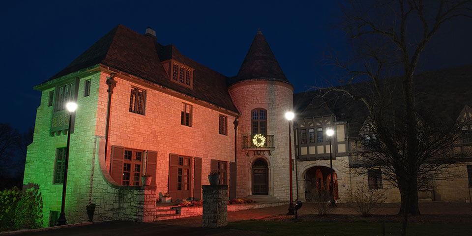 The exterior of Ewing Manor is decorated for the holidays.