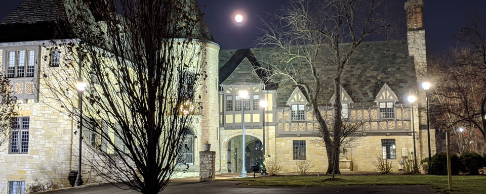 Photo of Ewing Manor at nighttime.