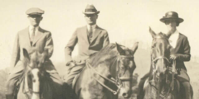 Hazle Buck Ewing, Davis Ewing, and Nelson Buck sit atop their horses.