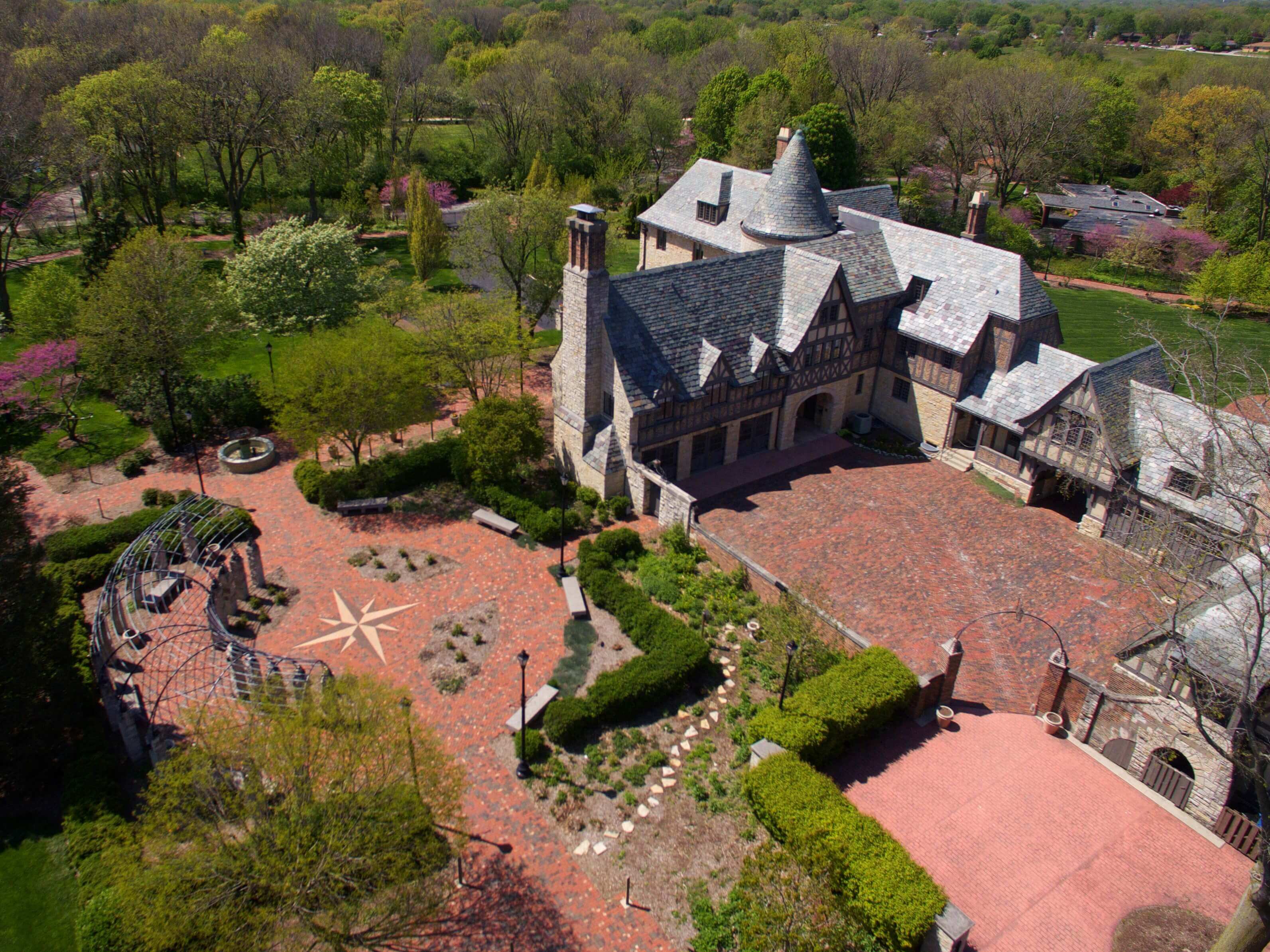 Modern aerial shot of the Ewing Manor.