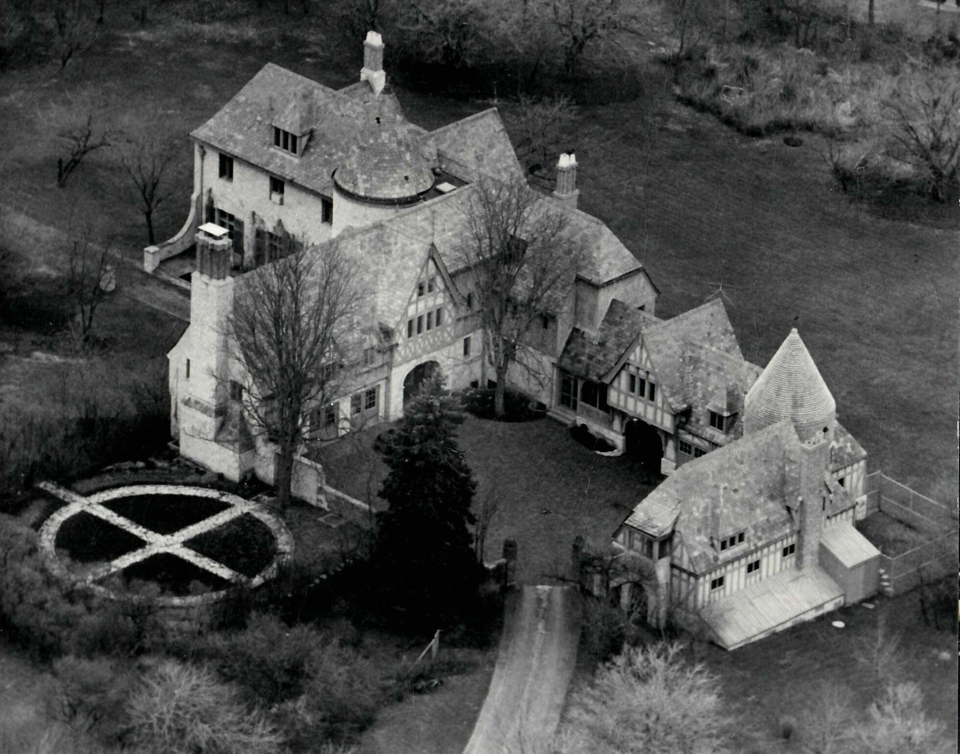 Aerial shot of the Ewing Manor.