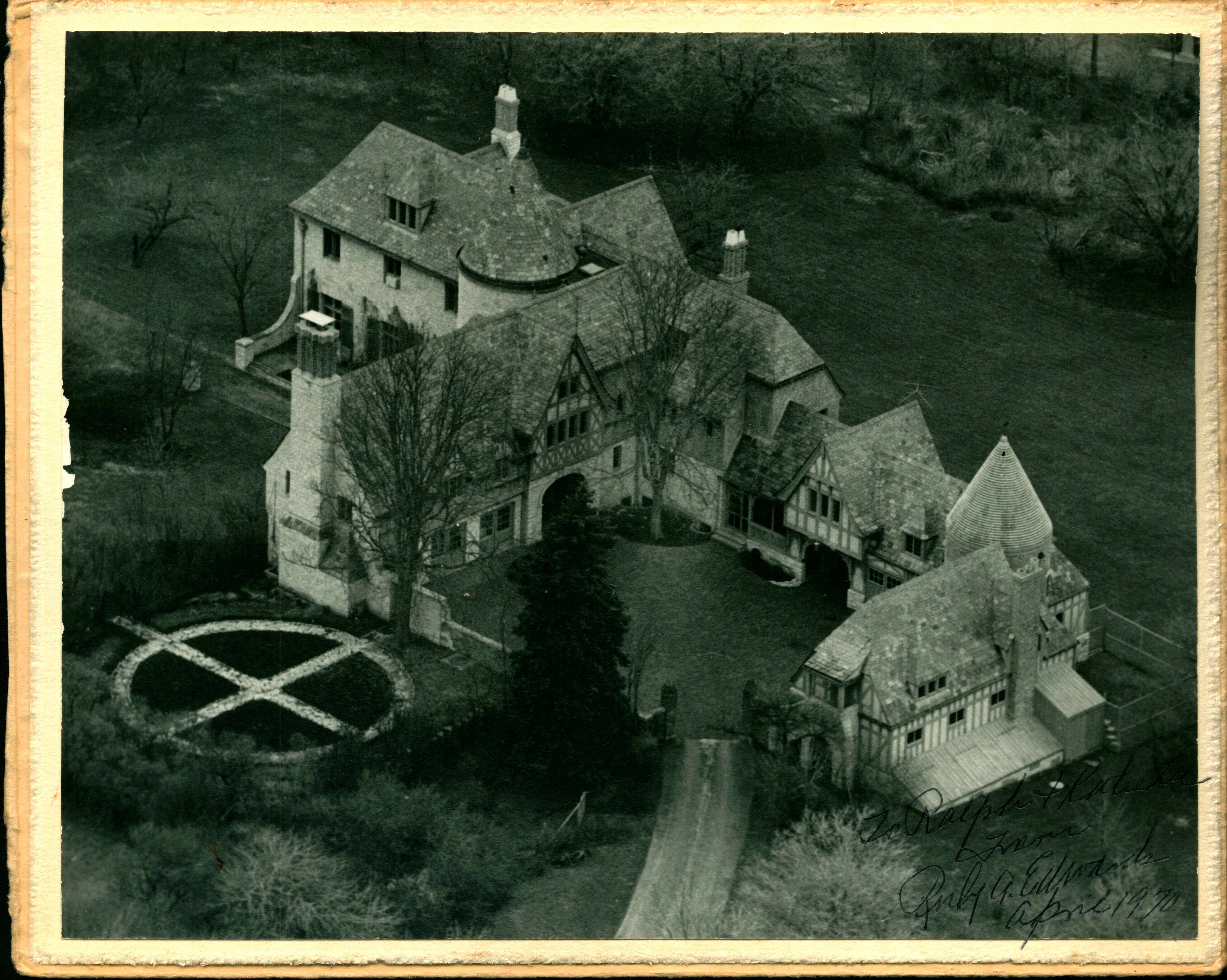 Closer aerial shot of the Ewing Manor.