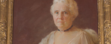 Painted portrait of Lillian Brewer Buck, 80, wearing a period dress with a black pearl choker.
