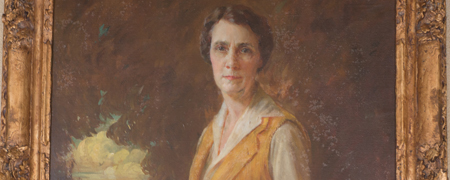 Painted portrait of Hazle Buck Ewing, 56, wearing her riding outfit.
